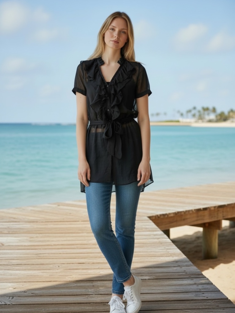 Vertical Ruffle Sheer Tunic Cover Up Top Blouse